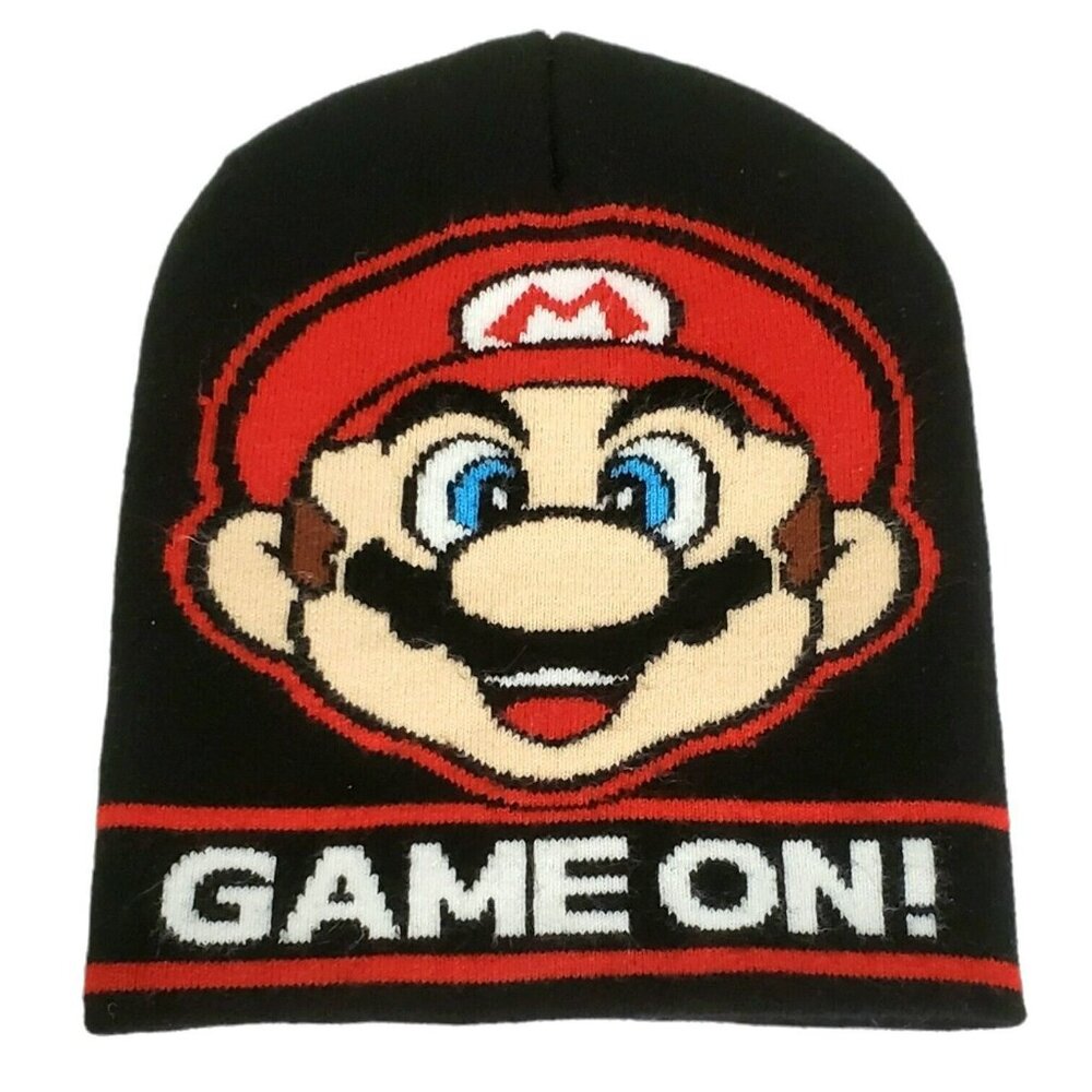 Super Mario Knit Hat Winter Ski Cap Black Beanie Nintendo GAME ON Face Youth